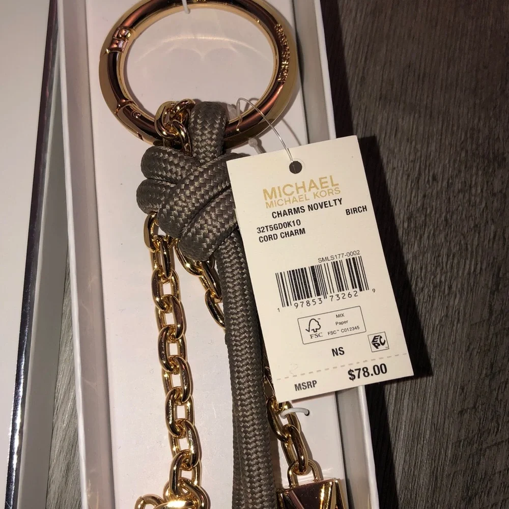 Michael Kors Gold Tone & Birch Cord Bag Charm MK Cubes NWT & Box - Picture 3 of 14